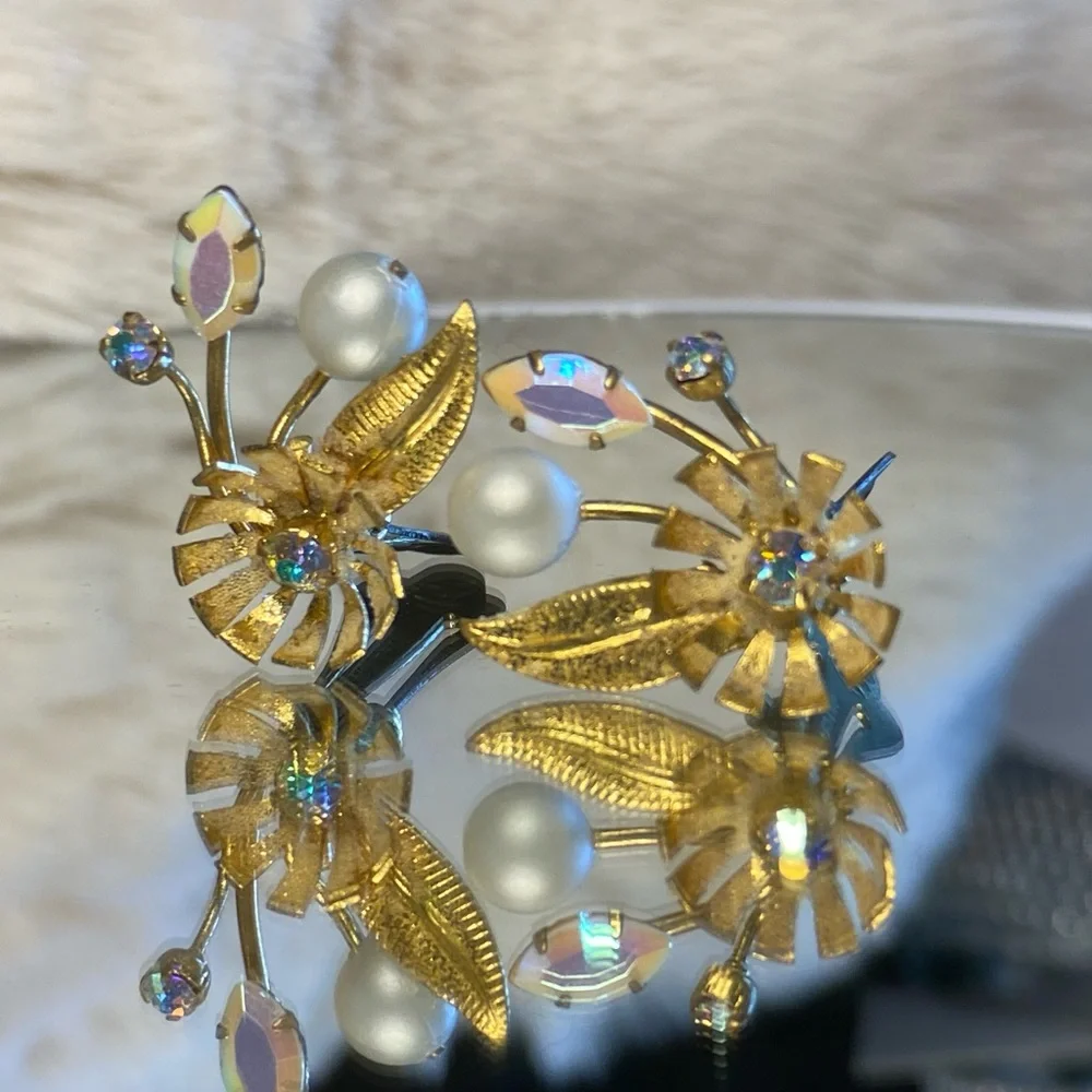 Vintage Austria Gold Tone Clip-on Earrings with Faux Pearl & AB Crystals.